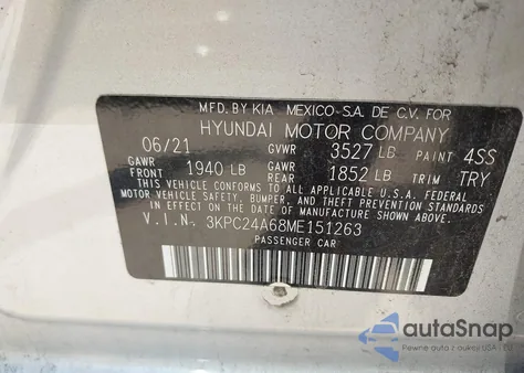 2021 Hyundai Accent Se из США, поврежденный, VIN 3KPC24A68ME151263